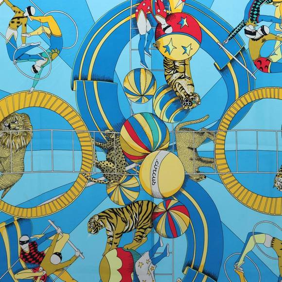 HERMES Carre 90 Scarf ""CIRCUS"" Silk Blue Light Blue white Auth ac3186 - Picture 6 of 15